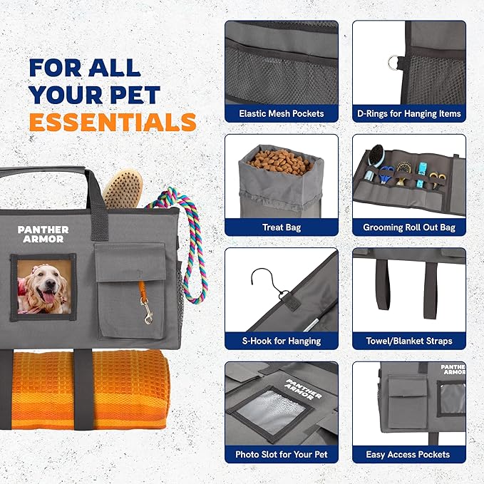Panther Armor Dog Travel Bag- Hanging Dog Organizer & Pet Storage Tote Bag for Supplies,mWaterproof Door Storage & Closet Organizer, Food & Treat Container for Travel Accessories