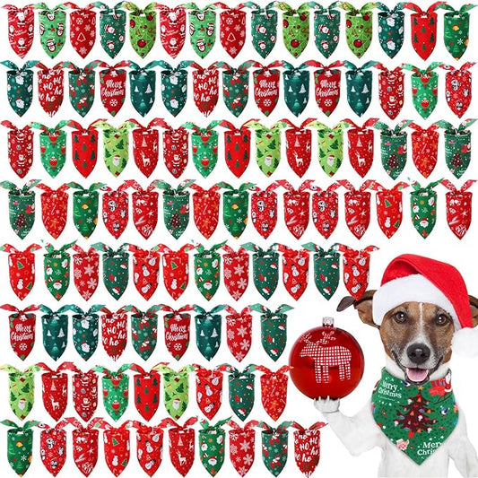 Preboun 100 Pieces Christmas Dog Bandanas Bulk Xmas Holiday Bandanas for Dogs Xmas Green and Red Kerchief Set for Christmas Puppy Small to Large Pets Costume Accessories