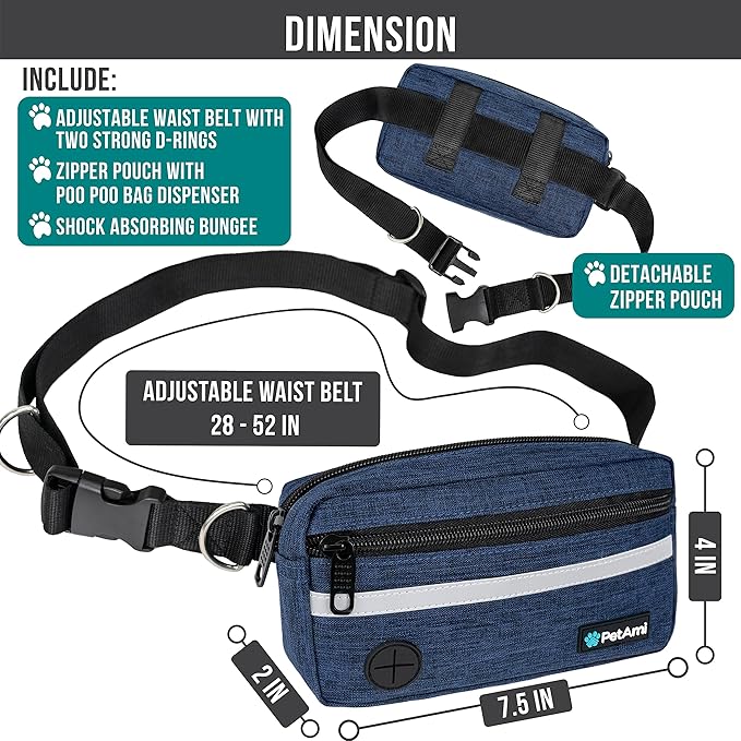PetAmi Hands Free Dog Leash, Dog Running Leash Belt for Walking Jogging, Dog Waist Zipper Pouch Fanny Pack with Poop Bag Dispenser, Dual Padded Handle Bungee Leash for Small Medium Large Dogs, Single