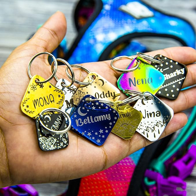 Personalized Dog Tag with 5 Lines of Custom Deep Engraved Durable Stainless Steel Pet ID Name Tag Designer Regular Size Diamond