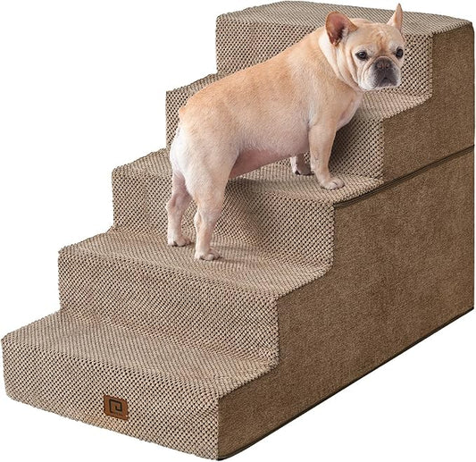 EHEYCIGA Dog Stairs for High Bed 25" H, 5-Step Extra Wide Dog Steps for Bed, Pet Steps for Small Dogs and Cats, Non-Slip Balanced Pet Ramp Indoor, Camel