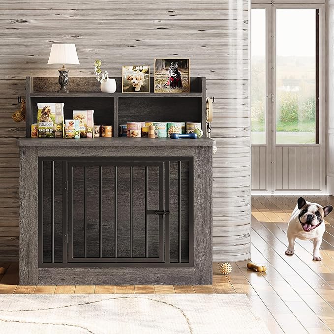 IRONCK Dog Crate Furniture, 33.4 inches Wooden Small Dog Crate with Storage and 4 Hooks, Heavy Duty Pet Crate for Small Dog, Decorative Pet Cage for Indoor (22" L x 33.4" W x 37.4" H)