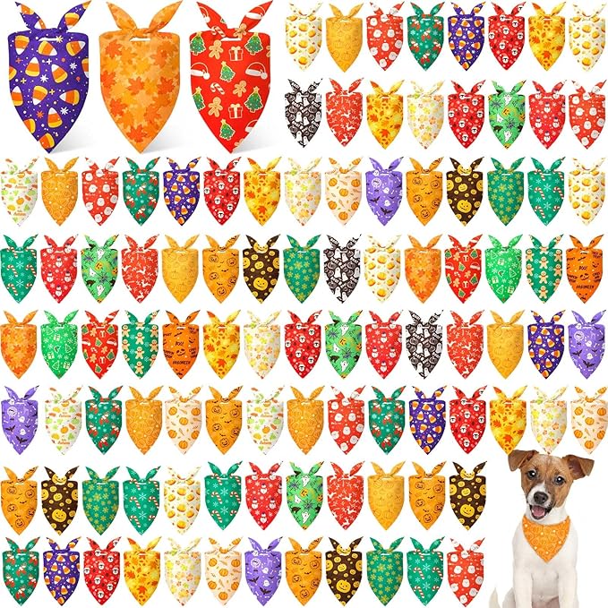 Preboun 100 Pcs Holiday Dog Bandanas Bulk Fall Halloween Christmas Bandanas for Dogs Triangle Kerchief Bib Scarf Set for Pet Party Costume Photo Props Accessories Pet Shops Groomers, 25 Styles