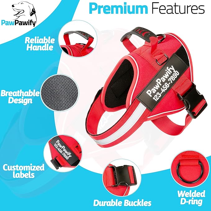 PawPawify Custom No Pull Dog Harness with Name and Phone Number, Heavy Duty Personalized Pet Vest to Prevent Tugging, Pulling, or Choking, Training and Walking (New Red, XL (60-85 LBS))