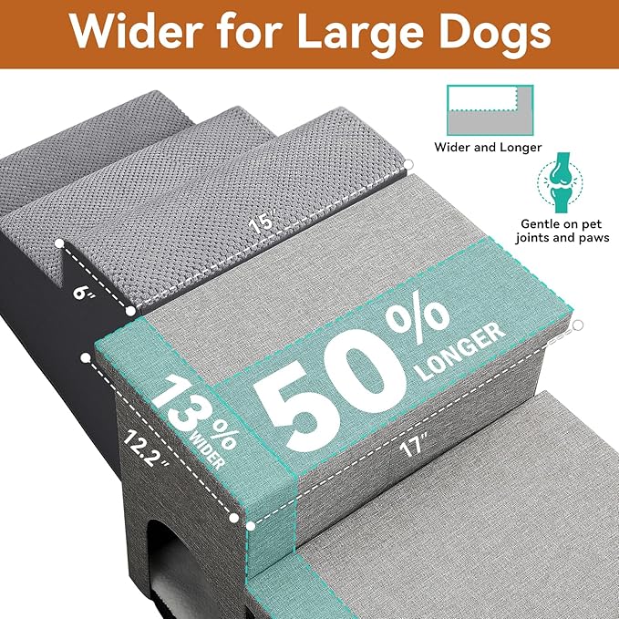 Dog Stairs 18" H, 3-Step Wider Dog Steps for High Beds Couch, Folding Storage Pet Stairs Gift for Small/Medium/Large Old Dogs Cats, Ramp for Climbing Car Up to 200 lbs, (Gray, with Condo)