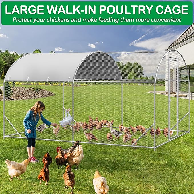 Large Metal Chicken Coop, Walk-in Chicken Run Pen with Waterproof Cover, Dome Roof Poultry Cage for Outdoor, Backyard, Farm (8.96'Wx12.99'Lx6.4'H)