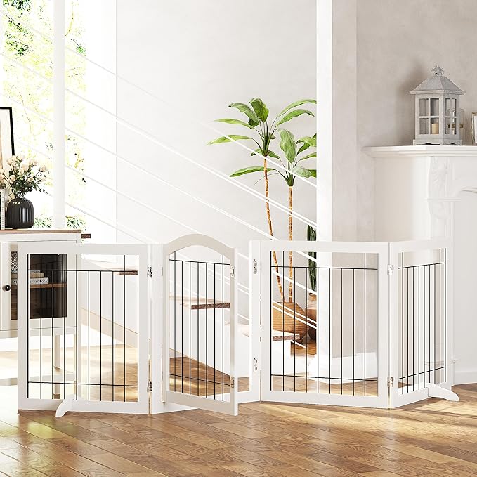 SPIRICH 96-inch Extra Wide 30-inches Tall Dog Gate with Door Walk Through, Freestanding Wire Pet Gate for The House, Doorway, Stairs, Pet Puppy Safety Fence, Support Feet Included (White)