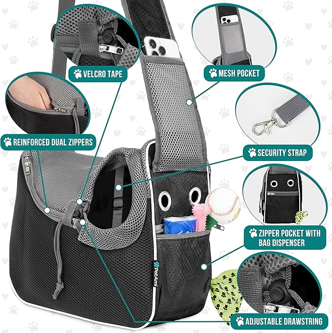 PetAmi Small Dog Sling Carrier, Soft-Sided Crossbody Puppy Carrying Purse Bag, Adjustable Sling Pet Pouch to Wear Medium Dog Cat Travel, Dog Bag for Traveling, Poop Bag Dispenser, Max 10 lbs, Black
