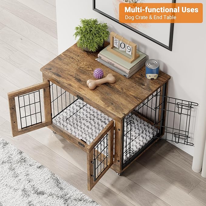 Lulive Small Dog Crate Furniture, Dog Kennel Indoor Double Doors Wooden Dog Cage, 27.1'' Heavy Duty Dog Crate with Cushion & Wheels, Decorative End Table Pet House Chew-Resistant for Small Dogs, Brown