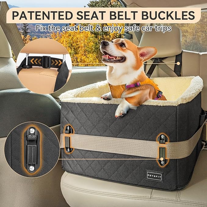 PETSFIT Dog Car Seats for Small Dogs, Soft Foam Dog Booster Seat with Patented Safety Buckles, Storage Pockets and Detachable Clip-On Safety Leash, Dog Car Seat for Medium Dogs 30 LBS (Black)