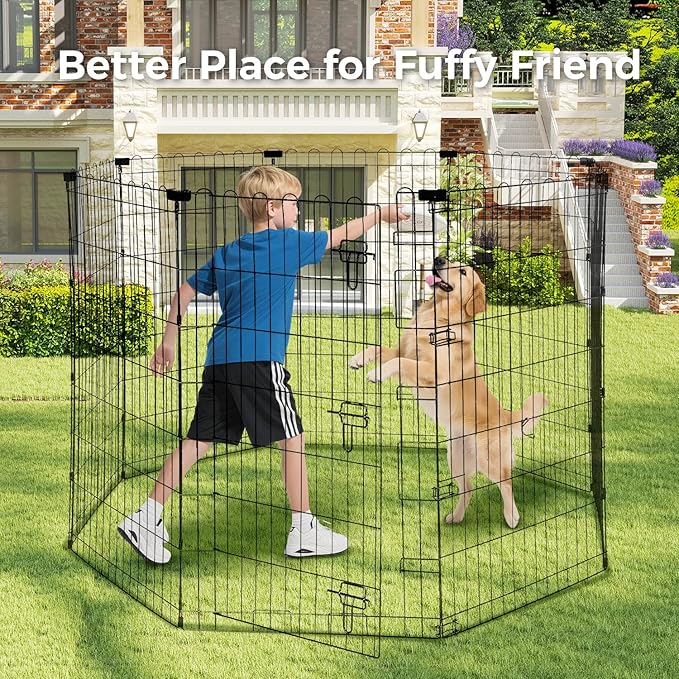 Foldable Dog Playpen 48" Height 8 Panels Metal Exercise Pen with Door - Indoor/Outdoor Dog Play Pen for Medium-Large Dogs, Portable Pet Fence for Yard Garden Camping, Black