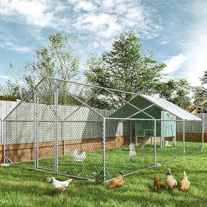 Large Metal Chicken Coop with Run Walk-in Poultry Cage Chicken Runs House Pen Cage Spire Roofed Chicken Coops with Anti-Ultraviolet Cover for Outdoor Yard Farm Use 9.8’L x 19.7’W x 6.4’H