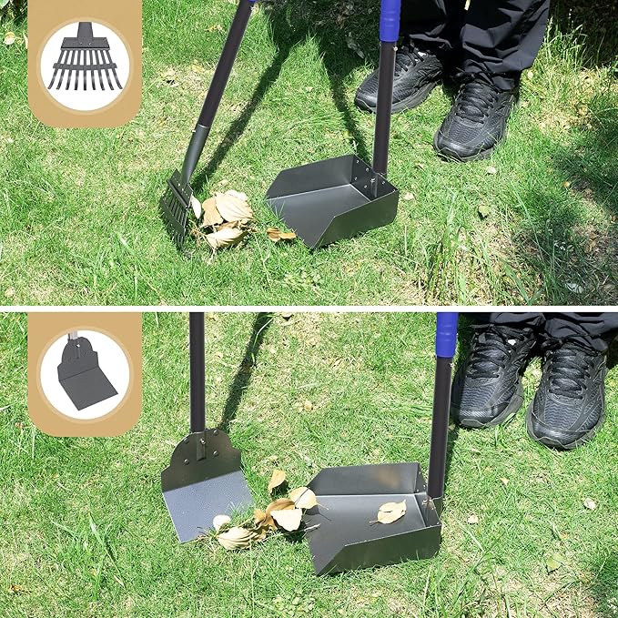 Heeyoo Dog Pooper Scooper, Dog Poop Tray and Rake Set, Pet Waste Removal Scoop with Long Adjustable Sectional Stainless Handles